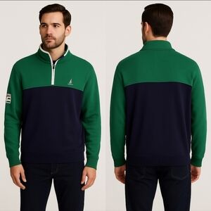 Vintage Nautica 1/4 Button Sweatshirt 1X Green Navy Colorblock Pullover Y2K 90s